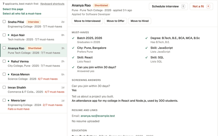 The Applicants screen: a list of applicants for a Software Developer job, each showing how many must-haves they meet, and the selected applicant's details beside it