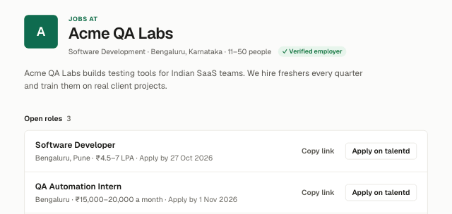 A company's careers page on Talentd Hire: its name, a Verified employer badge and its open jobs