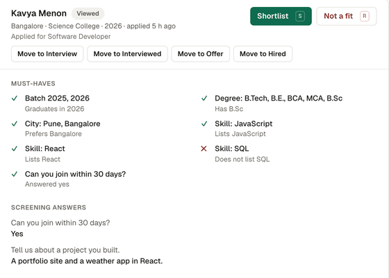 An applicant's details with each must-have marked as met or not met