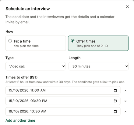 The schedule interview dialog, offering the candidate a choice of times
